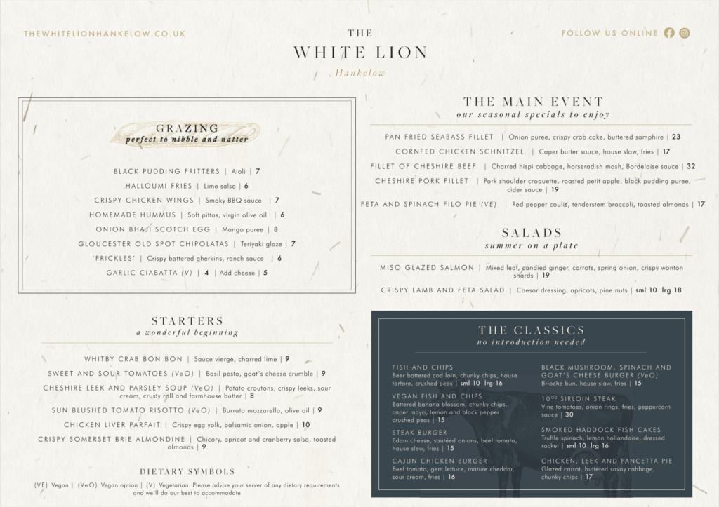 New summer menu at The White Lion Hankelow